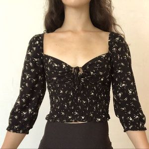 Black Floral Peasant Blouse - Garage xs-s
